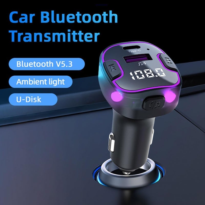 OHITEC Bluetooth FM Transmitter for Car: Hands-Free Calls, Navigation Guidance, HD Sound Quality 5.3, USB/Type-C 5V3.1A Fast Charging, U Disk Music Playback, Colorful Ambient Lights (C49) - Image 1